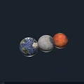Earth Moon Mars Planets with Distinct Colors on Dark Blue Background 3d model