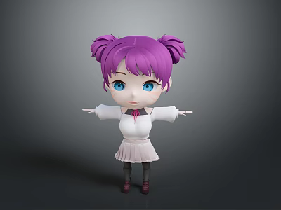 Cartoon Child With Purple Hair Pigtails Blue Eyes White Top And Pink Skirt Arms Outstretched 3d model