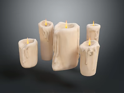 Lit Candles With Dripping Wax In Various Shapes And Sizes For Home Use 3d model