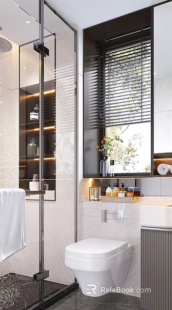 Modern Bathroom Interior With Shower Area Vanity Window Blinds And Decorative Items 3d model 