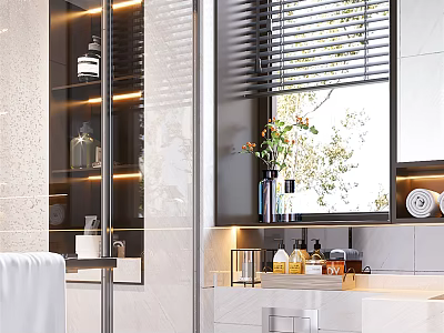 Modern Bathroom Interior With Shower Area Vanity Window Blinds And Decorative Items 3d model