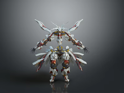 Futuristic Mech Robot with White Red Gold Armor and Complex Mechanical Wings Design 3d model