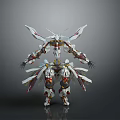 Futuristic Mech Robot with White Red Gold Armor and Complex Mechanical Wings Design