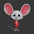 Adorable cartoon mouse with big pink ears round glasses and red shirt on grey background