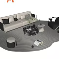 Stylish Sofa and Coffee Table Set with Beige Upholstery Black Cushions Patterned Top and Rug