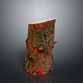 Red and Green Moss Covered Tree Stump with Cracked Surface and Small Protrusions