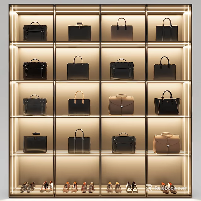 Luxury Handbags Displayed on Illuminated Shelves with Classic Styles and Colors 3d model 