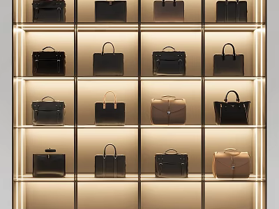 Luxury Handbags Displayed on Illuminated Shelves with Classic Styles and Colors 3d model