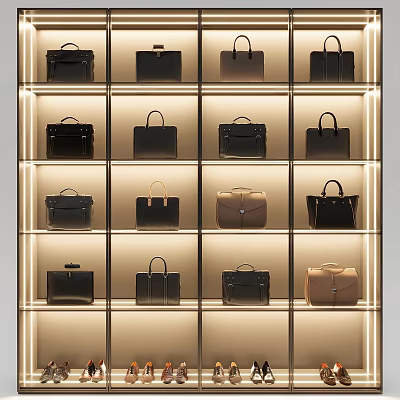 Luxury Handbags Displayed on Illuminated Shelves with Classic Styles and Colors 3d model
