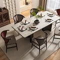 Modern Rectangular Marble Top Dining Table Set With Six Chairs And Green Plant Centerpiece 3d model