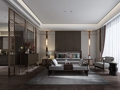 Elegant Modern Hotel Room Interior With Comfortable Bed Dark Wood Furniture And Soft Lighting 3d model
