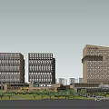 Bustling Commercial Street With Modern Buildings Pedestrians Greenery And Plaza Area
