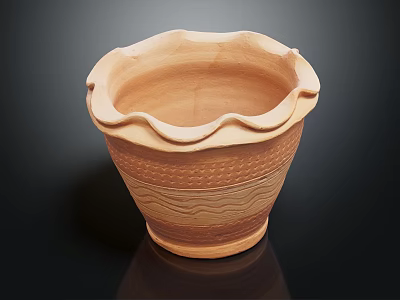 Natural Clay Flower Pot With Scalloped Edge And Textured Striped Surface 3d model