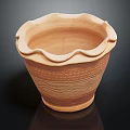 Natural Clay Flower Pot With Scalloped Edge And Textured Striped Surface