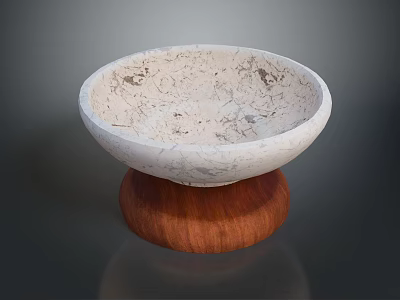 Elegant Carved Bowl Shaped Marble Sculpture with Textured Surface and Wooden Base 3d model