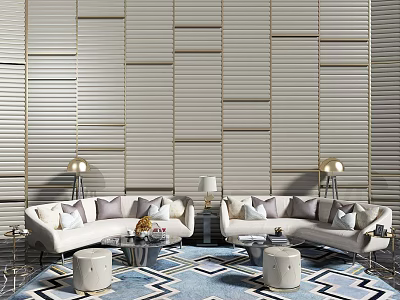 Modern Living Room Interior Featuring Shutter Style Storage Cabinet Wall And Sofa Sets 3d model