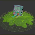 Cheerful Blue BMO Character Sitting On Green Leaf Shaped Mat With Colorful Buttons