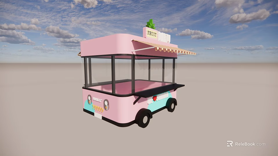 Pink Food Truck With Green Plant Awning FRESH Sign Blue Black Wheels And Glass Windows 3d model 