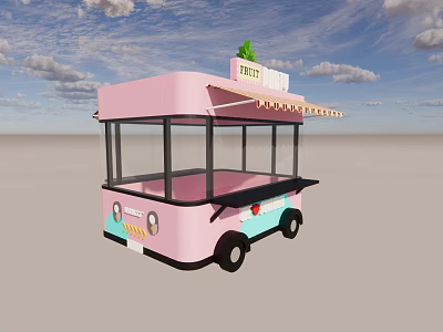 Pink Food Truck With Green Plant Awning FRESH Sign Blue Black Wheels And Glass Windows 3d model