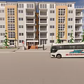 Bus Station With Passengers And White Bus Near Residential Building