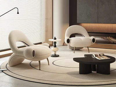 Modern Beige Fabric Single Sofa With Metal Legs Round Rug And Coffee Table 3d model