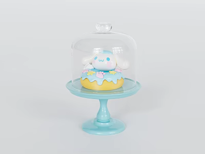 Colorful Decorated Yellow Donut With White Cartoon Figure Under Glass Dome On Blue Pedestal Tray 3d model