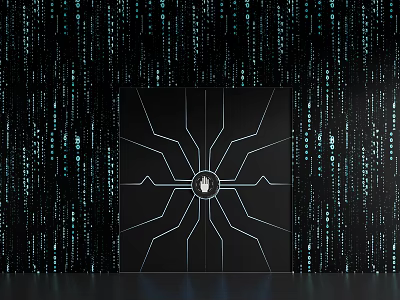 Black Double Door Design With Geometric Lines And Central Circular Button On Binary Code Background 3d model