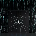 Black Double Door Design With Geometric Lines And Central Circular Button On Binary Code Background