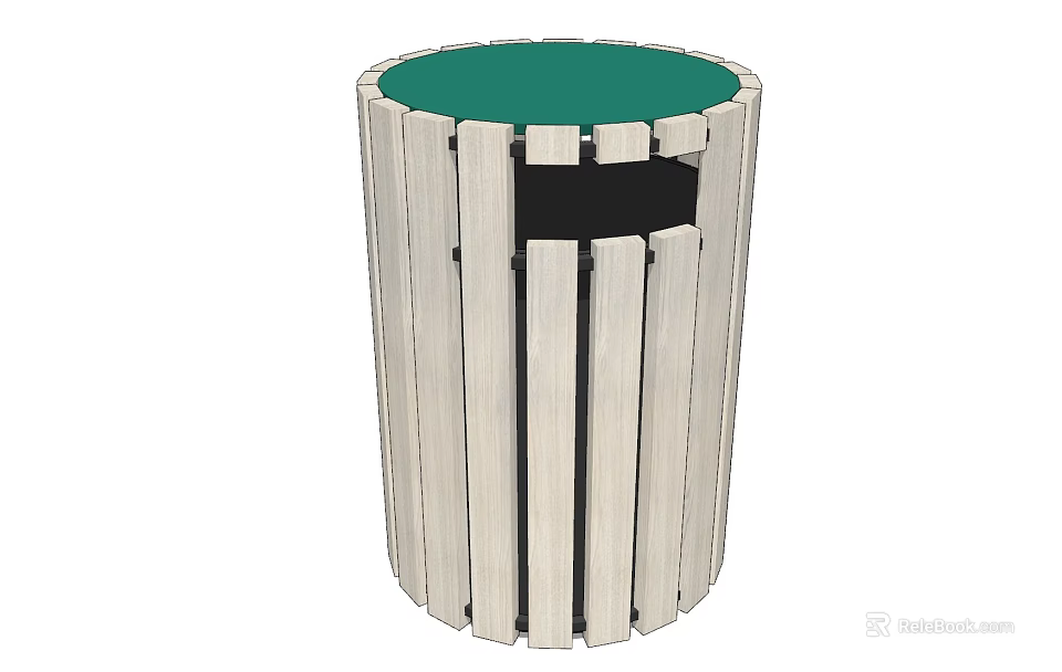Public Facility Wooden Slatted Outdoor Waste Bin With Green Lid 3d model 
