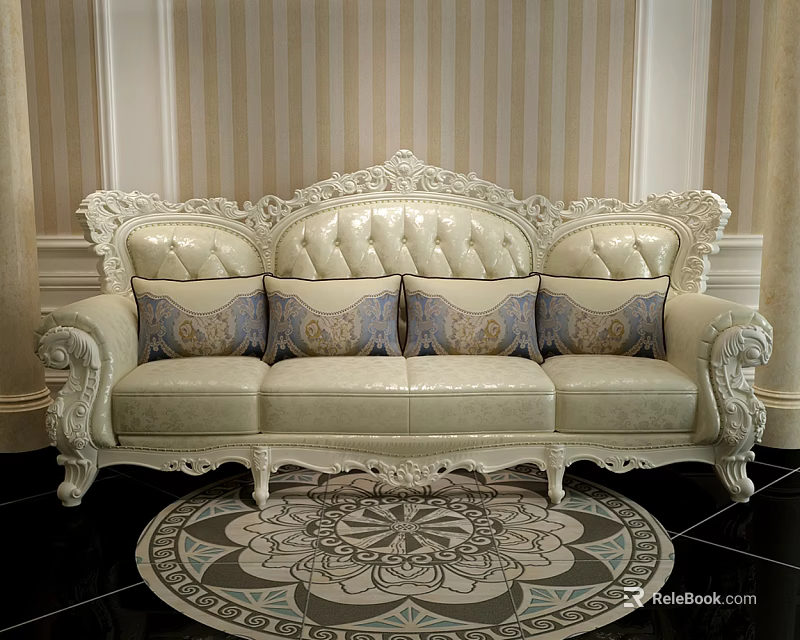 Classic White Carved Sofa Set With Patterned Pillows And Ornate Round Rug 3d model