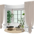 Serene Home Balcony Featuring Large Window Hanging Plants Potted Greenery Chair Round Coffee Table Curtains