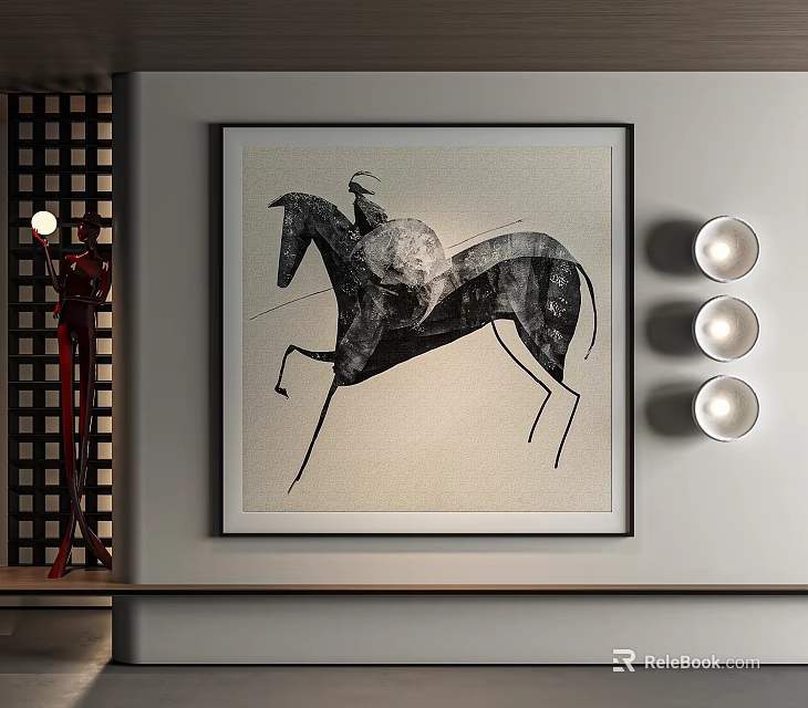 Black And White Abstract Painting Of Horse And Rider In Modern Interior With Decorative Lights 3d model 