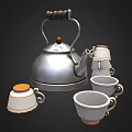 Silver Tea Set with Wooden Handle and White Orange Rim Cups