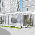 Modern Entrance Gate With Glass Curtain Wall Wooden Ceiling Columns And Lawn