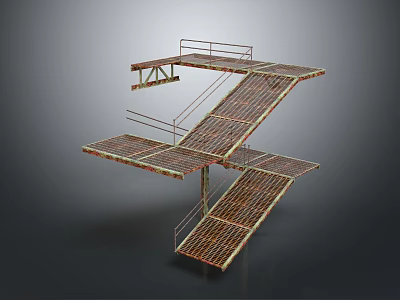 Industrial Metal Staircase And Platform Structure With Interconnected Grated Steps And Railings 3d model