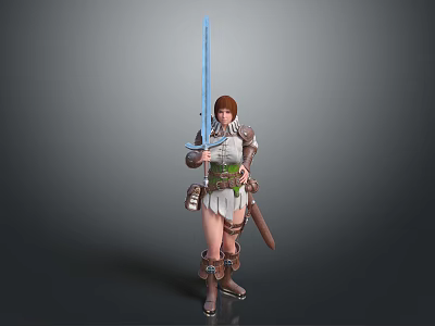 Game Movie Character in Armor Holding Blue Longsword with Brown Hair and Green Sash 3d model