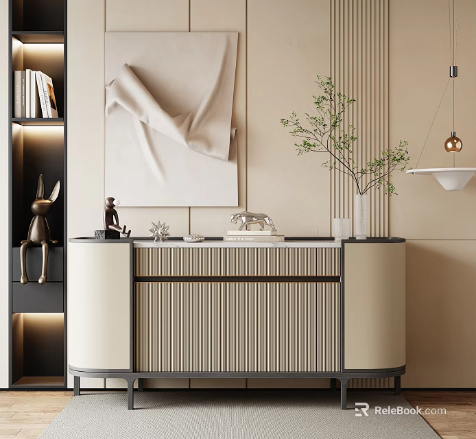 Modern Entryway Sideboard Cabinet with Sculptures Potted Plant and LED Lighting 3d model 
