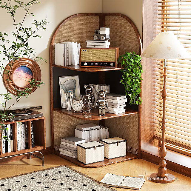 Wooden Shelving Unit in Living Room with Vintage Radio Books Storage Boxes and Green Plant 3d model 