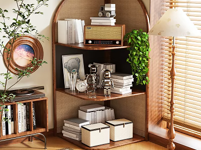 Wooden Shelving Unit in Living Room with Vintage Radio Books Storage Boxes and Green Plant 3d model