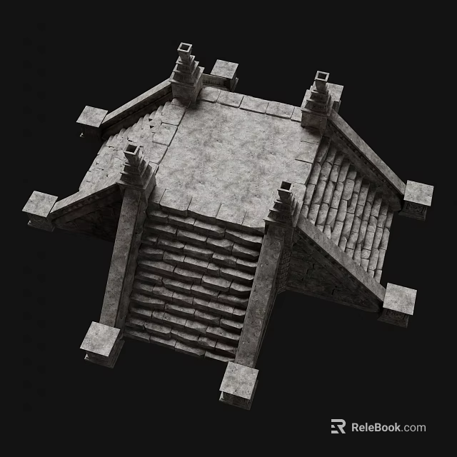 Ancient Architecture Hexagonal Structure With Stone Steps And Tile Roof 3d model 