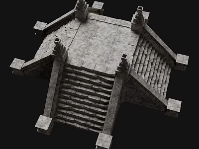 Ancient Architecture Hexagonal Structure With Stone Steps And Tile Roof 3d model