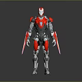 Red And White Metallic 3D Robot Character With Blue Core And Arm Weapons