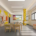 Colorful Preschool Classroom Interior With Cartoon Wall Decor Children Tables Chairs And Large Screen