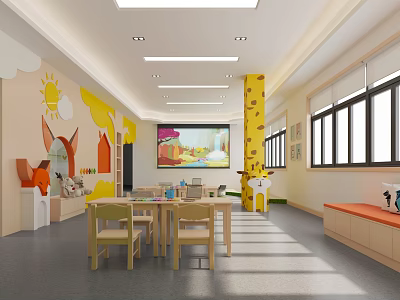 Colorful Preschool Classroom Interior With Cartoon Wall Decor Children Tables Chairs And Large Screen 3d model