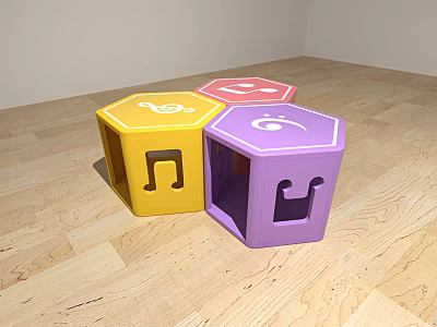 Hexagonal Stools With Colorful Cutout Designs Yellow Pink Purple Musical Note Smiley On Wooden Floor 3d model