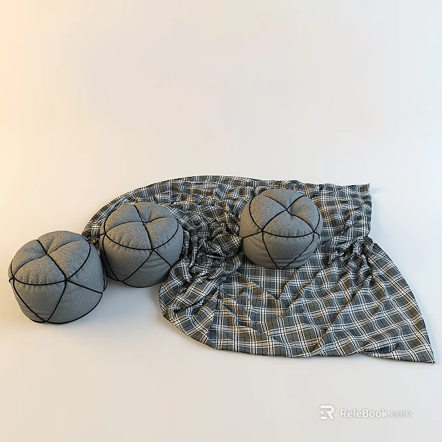 Three Soft Gray Round Ottoman Cushions With Plaid Fabric Cover Design 3d model 