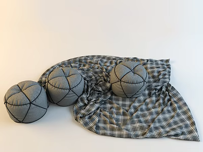 Three Soft Gray Round Ottoman Cushions With Plaid Fabric Cover Design 3d model