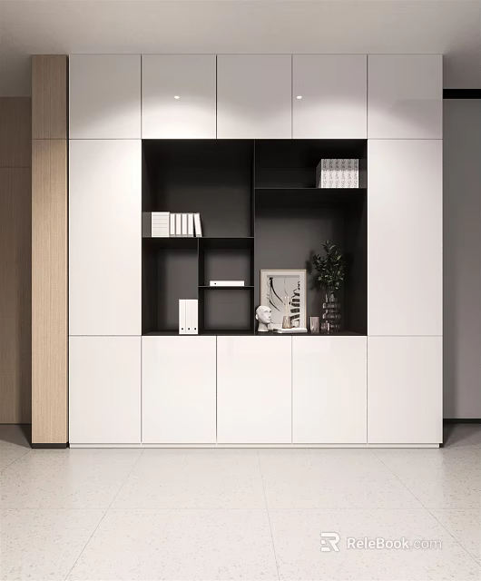 Modern Bookcase Interior Design With White Closed Cabinets Black Open Shelves Books And Decorative Plant 3d model 