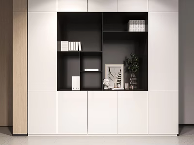 Modern Bookcase Interior Design With White Closed Cabinets Black Open Shelves Books And Decorative Plant 3d model