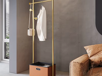 Golden Coat Rack With White Coat In Living Room 3d model